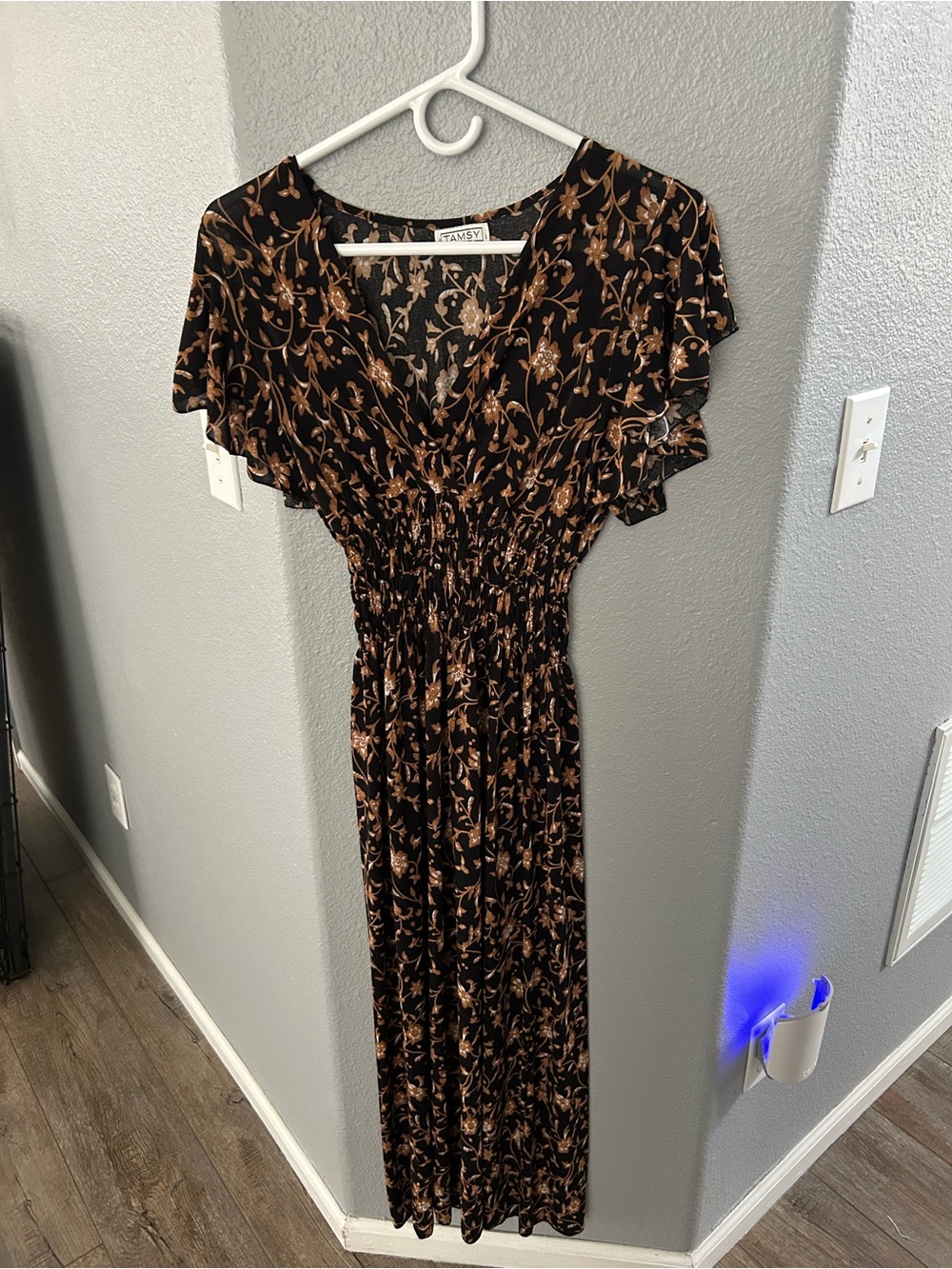 Smocked Black Maxi Dress with Brown Floral Print